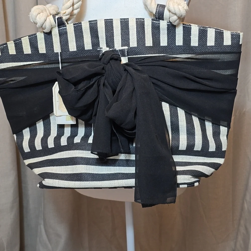 Mud Pie Sarong Along Tote, Black Striped